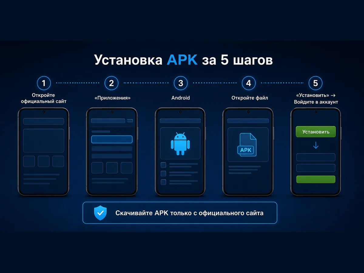 Инфографика: установка APK 1xBet на Android за 5 шагов