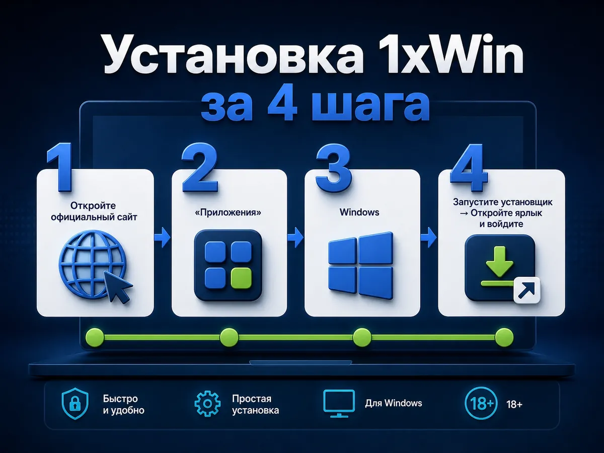 Инфографика: установка программы 1xWin на компьютер за 4 шага