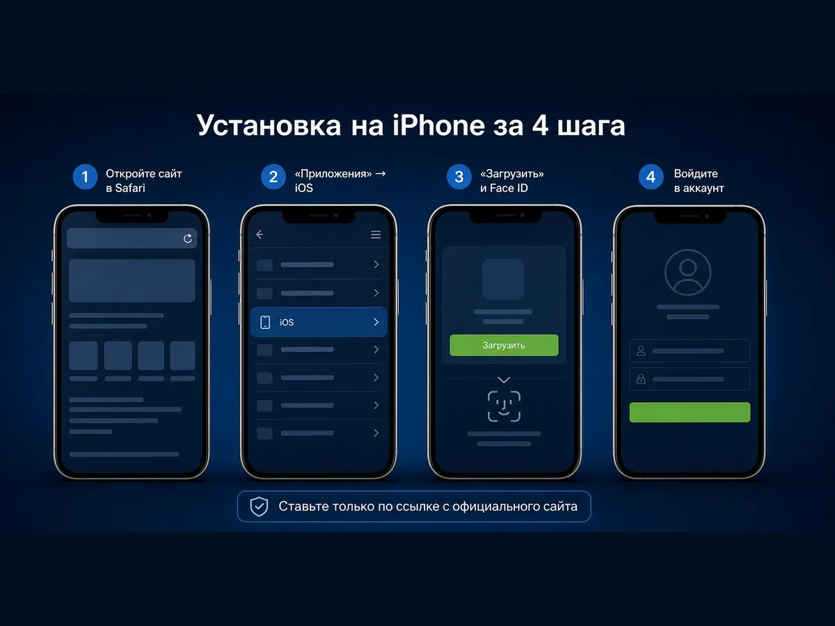 Инфографика: установка приложения 1xBet на iPhone за 4 шага