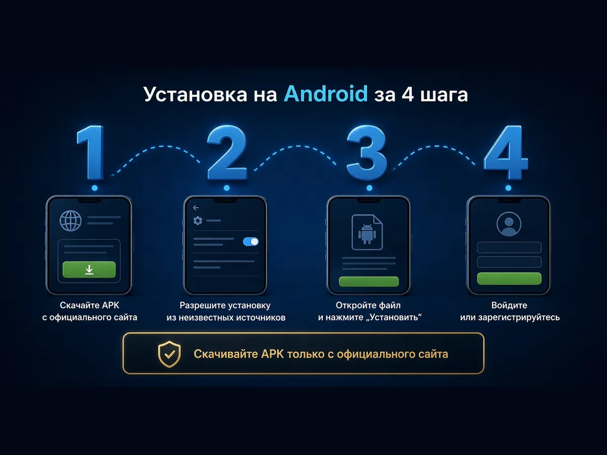 Инфографика: установка приложения 1xBet на Android за 4 шага