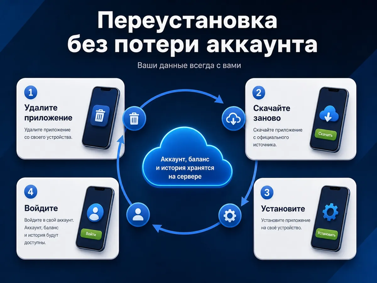 Инфографика: переустановка приложения 1xBet без потери аккаунта